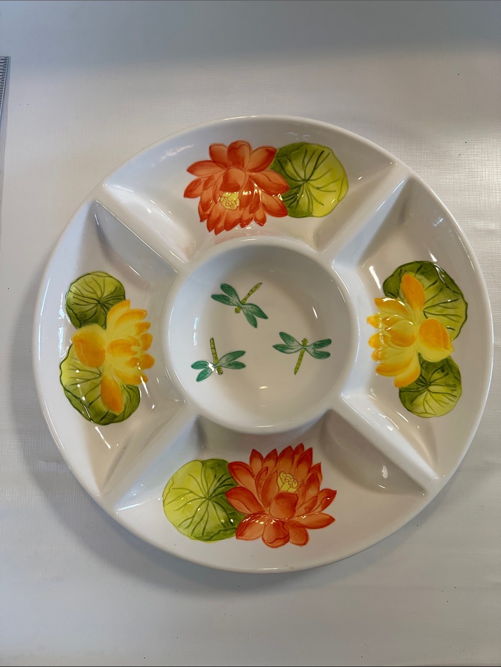 Stokes 14” divided platter serving dish. Hand painted. Lotus/dragonfly design.